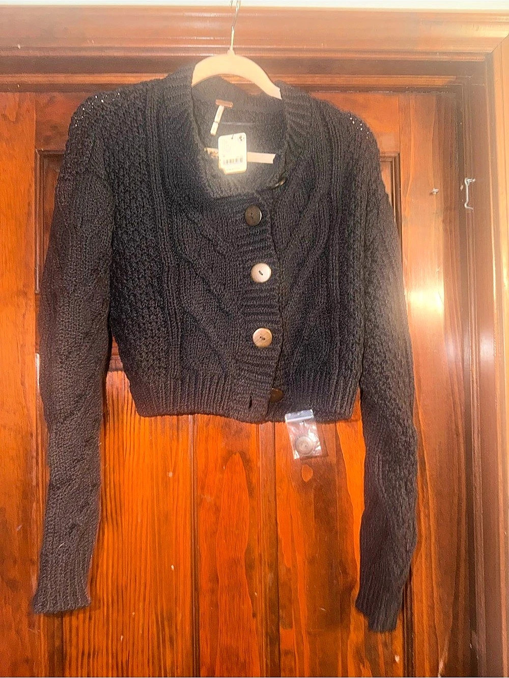 Free People Tuesday Cable Crop Sweater Black Cardigan